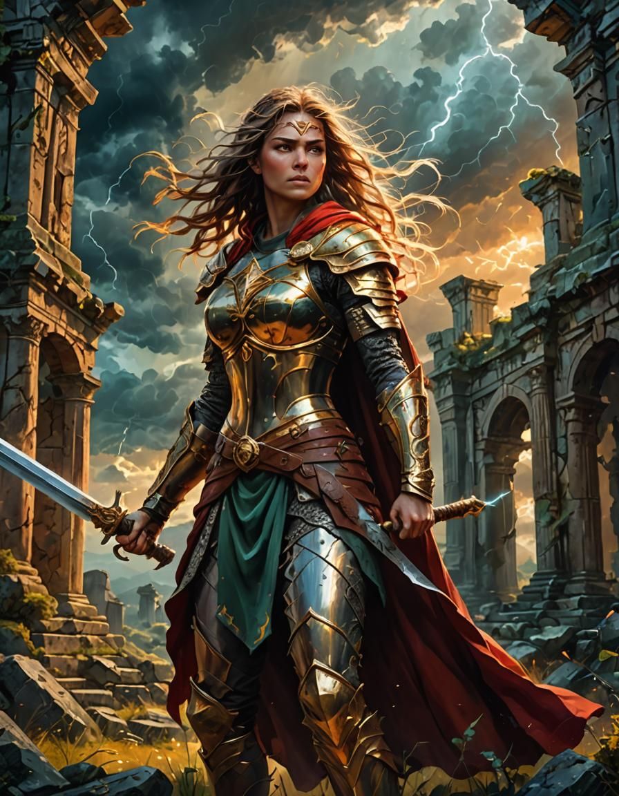 Female Warrior with Glowing Sword in Fantasy Art