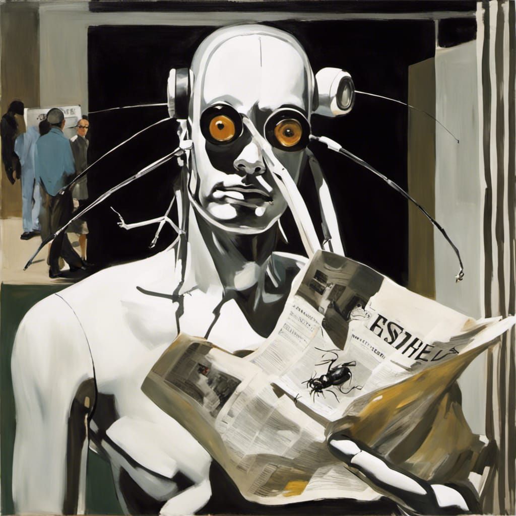 Ant-Headed Robot Reads News in Eric Fischl Style