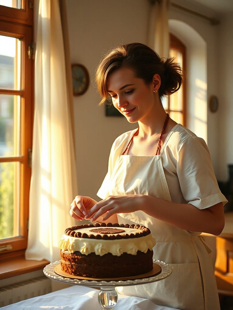 A Central European Woman Adorns a Majestic Cake in a Sunlit ...