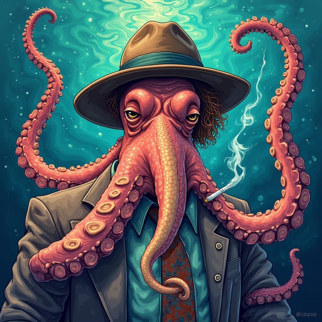 Hunter S. Thompson as a Psychedelic Octopus in a Vibrant Aqu...