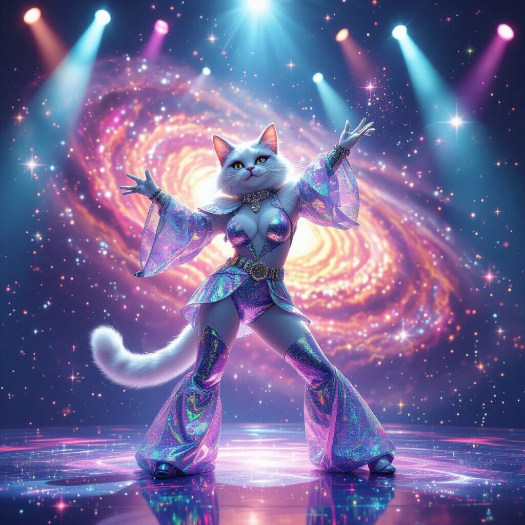 Feline Pop Star on Cosmic Stage, Vibrant Pop Art Style