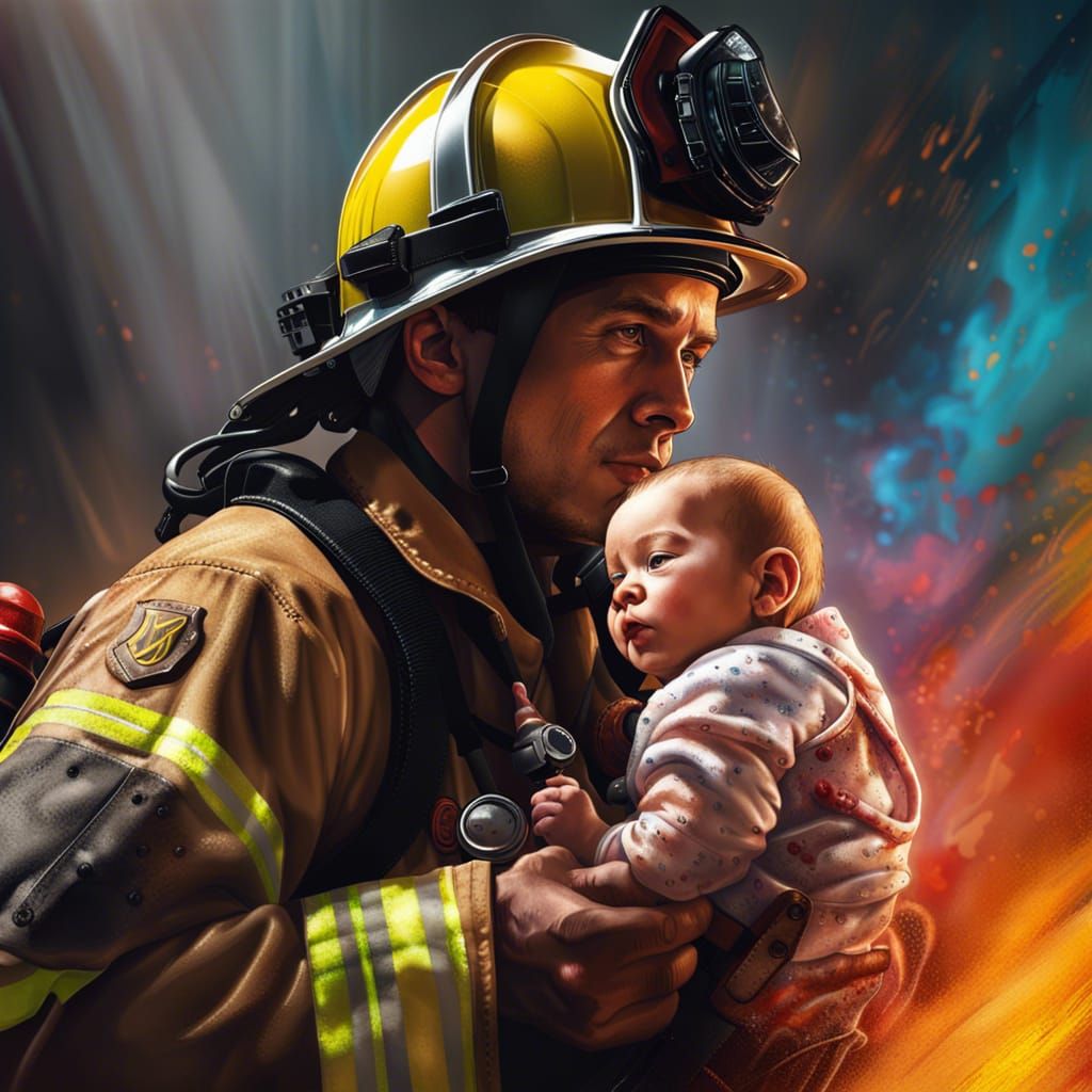 Firefighter and Baby in Hyperrealistic Splash Art