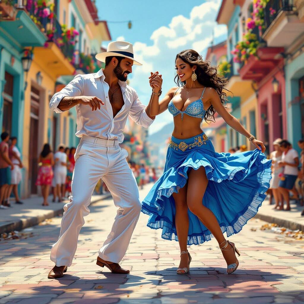 Salsa Dancers in Vibrant Cuban Street Scene