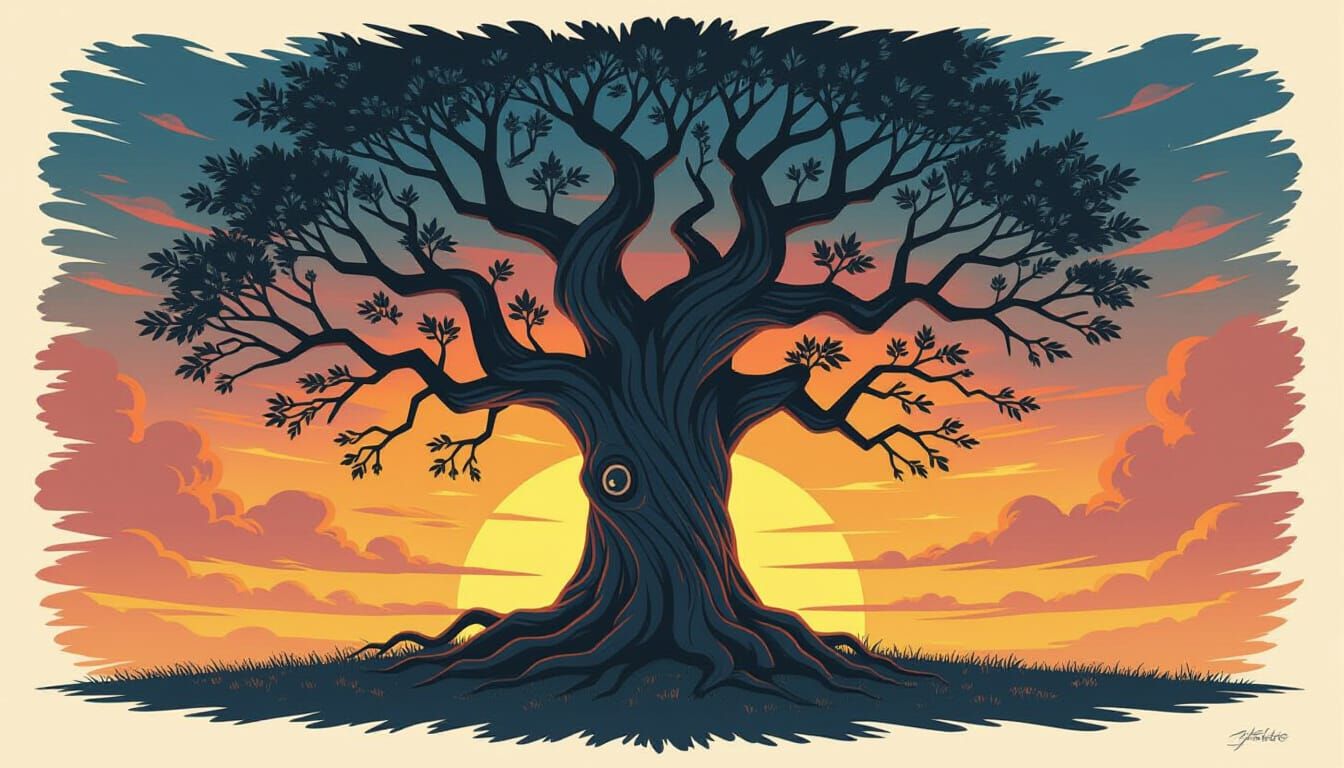 Ancient Tree with Hidden Faces at Twilight