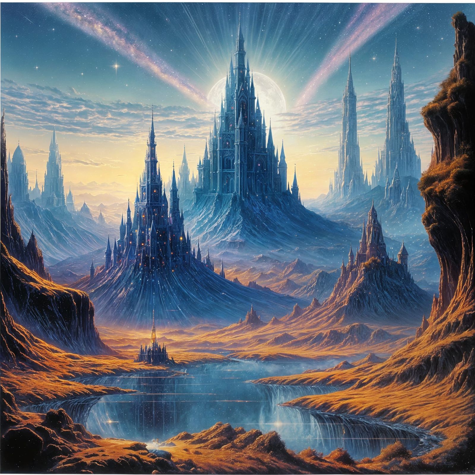 Princess in Celestial Diamond Gown Stepping Among Shining Ga...