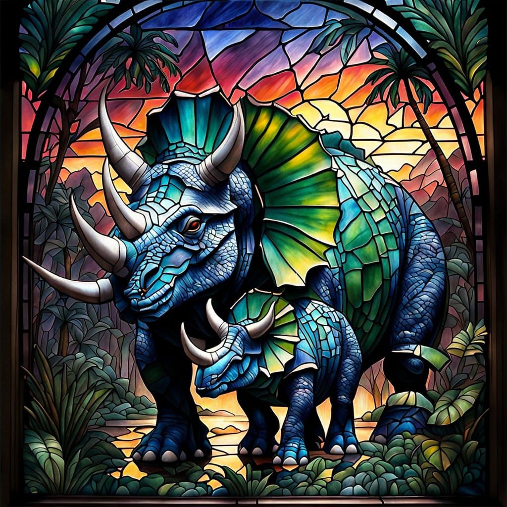 Dazzling Triceratops Family Under Twilight Jungle Skies