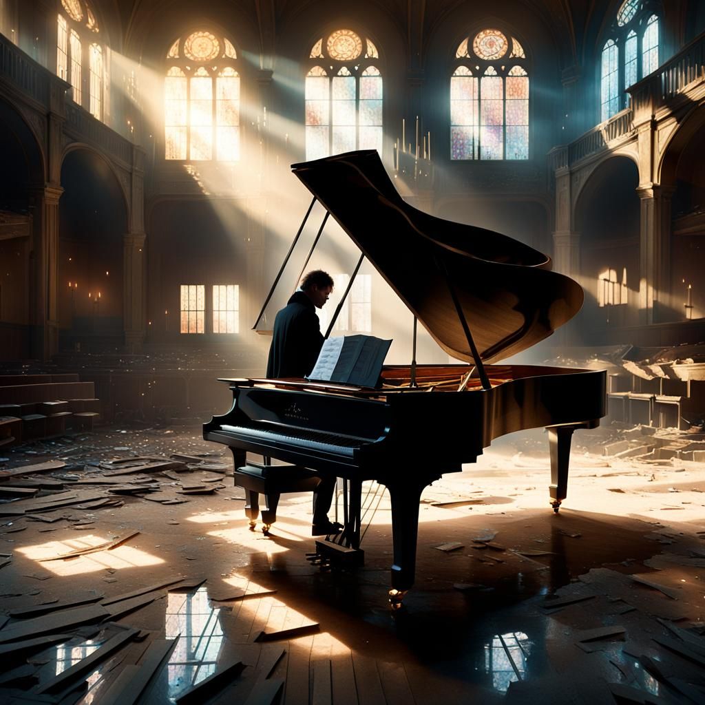 Solitary Musician Plays Abandoned Concert Hall Piano Under S...