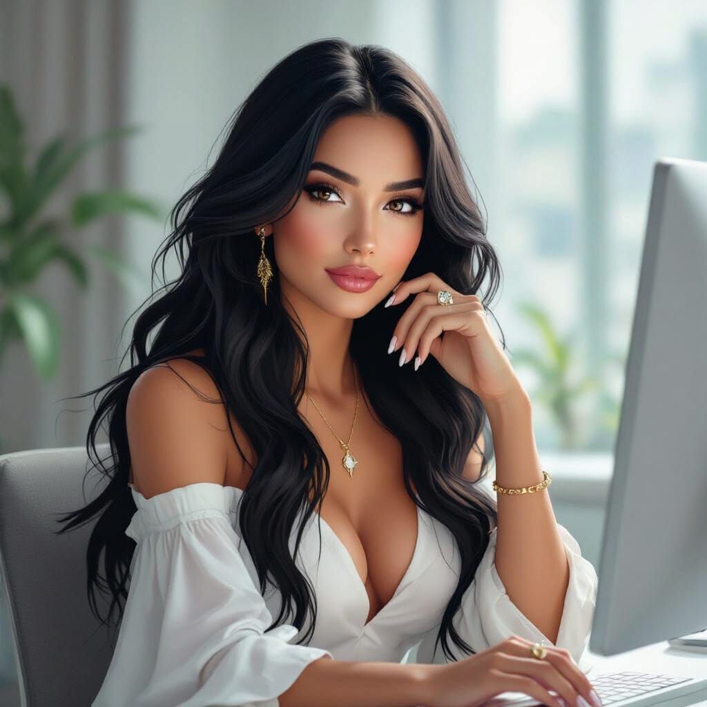 Elegant Woman with Long Black Hair and Goddess Aura