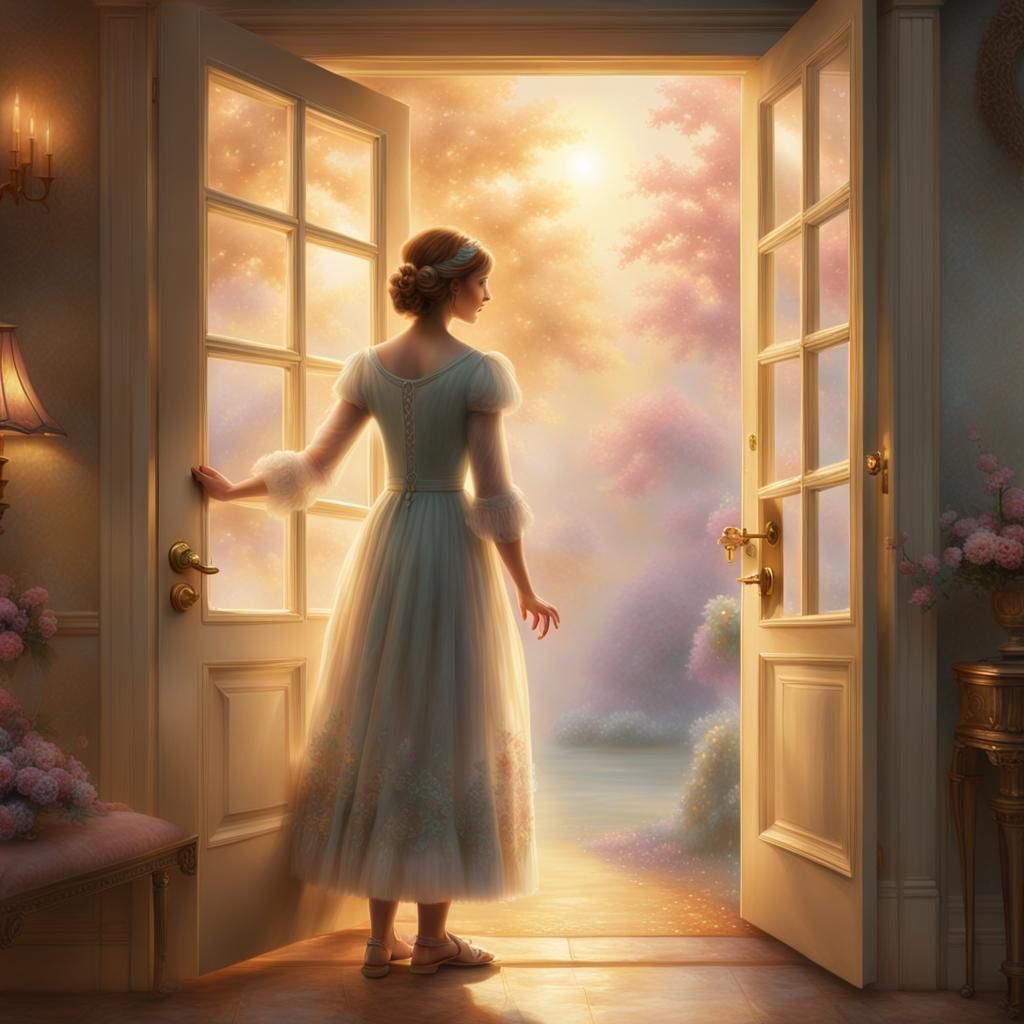 Ethereal Figure Reaching for Misty Doorway