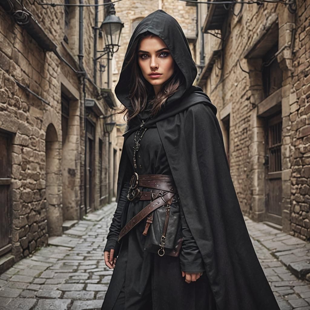 Medieval Thief with Purple Eyes in Alleyway