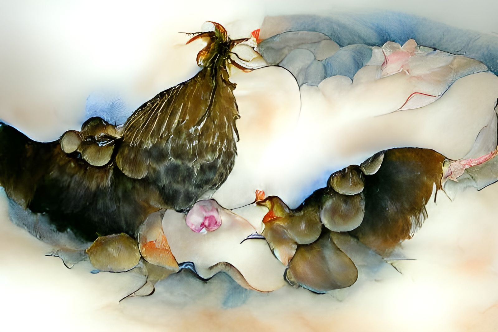 Hen Gathers Chicks: Watercolor Ink Illustration
