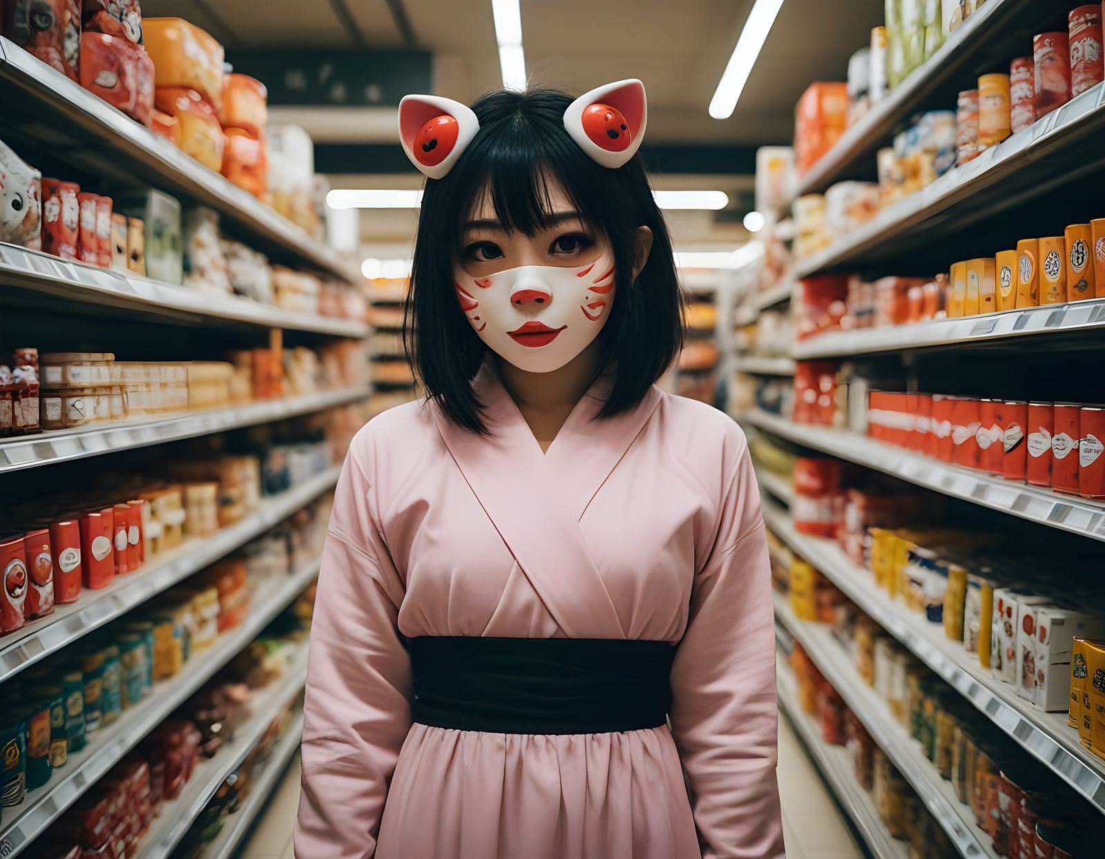 Photograph of a woman wearing a cute mask, tanganmen Japanese subculture and kigurumi dress
