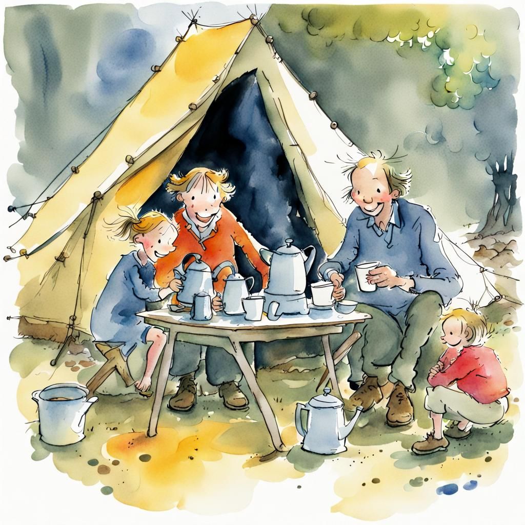 Happy Family Camping: Watercolor Comic Illustration