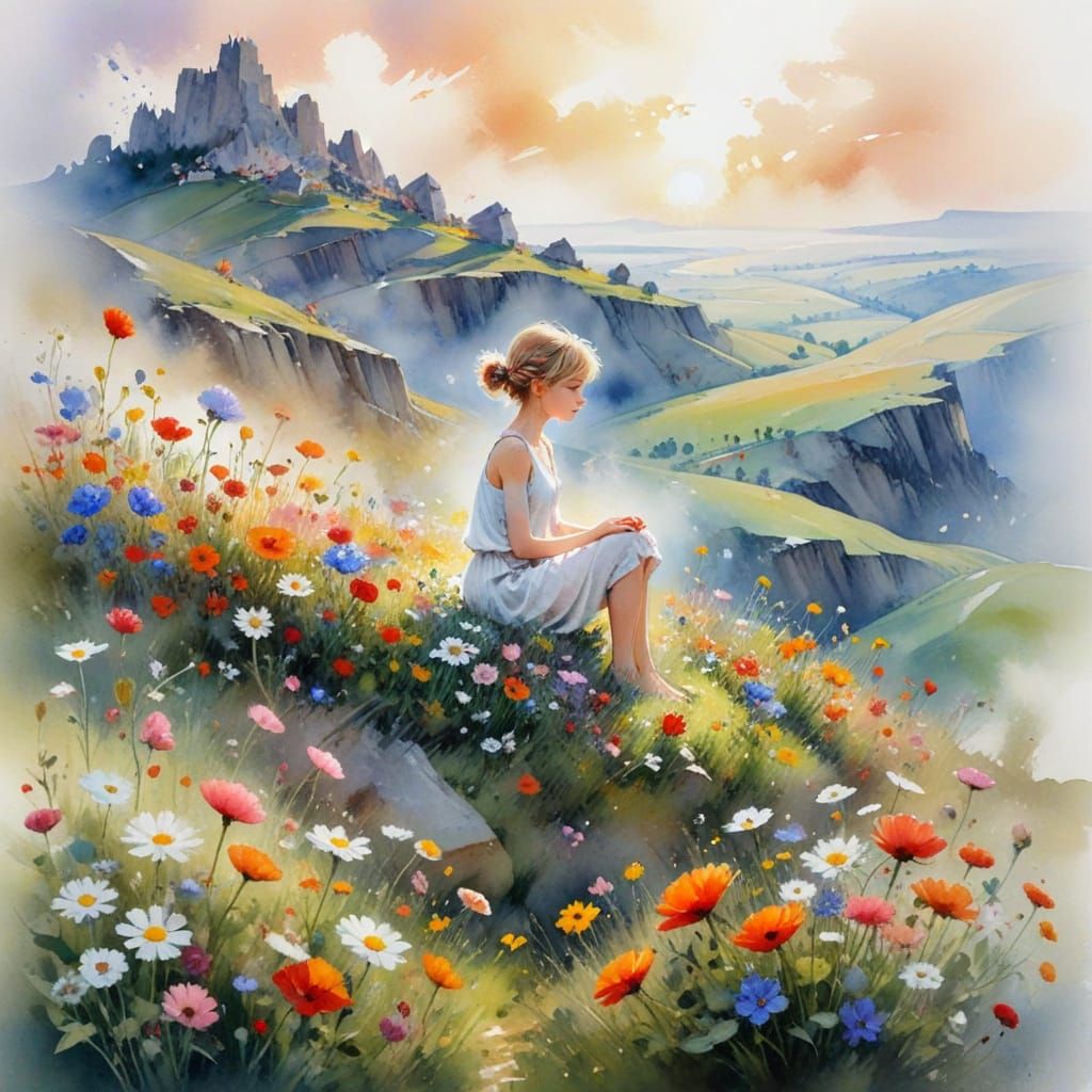 Pixie Meditation on Wildflower Hill in Watercolour Style