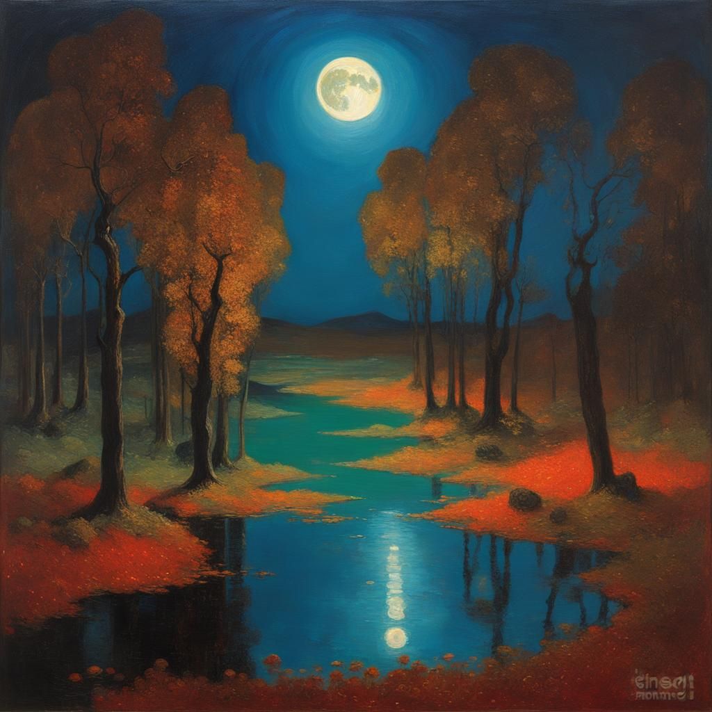 Dreamlike Moonlit Landscape in Art Nouveau Style