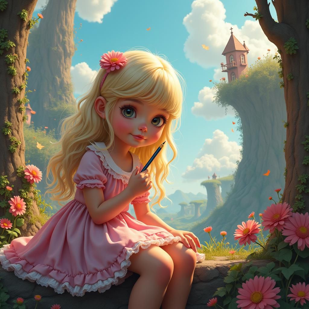 Blonde Girl in Dreamlike Matte Painting Style