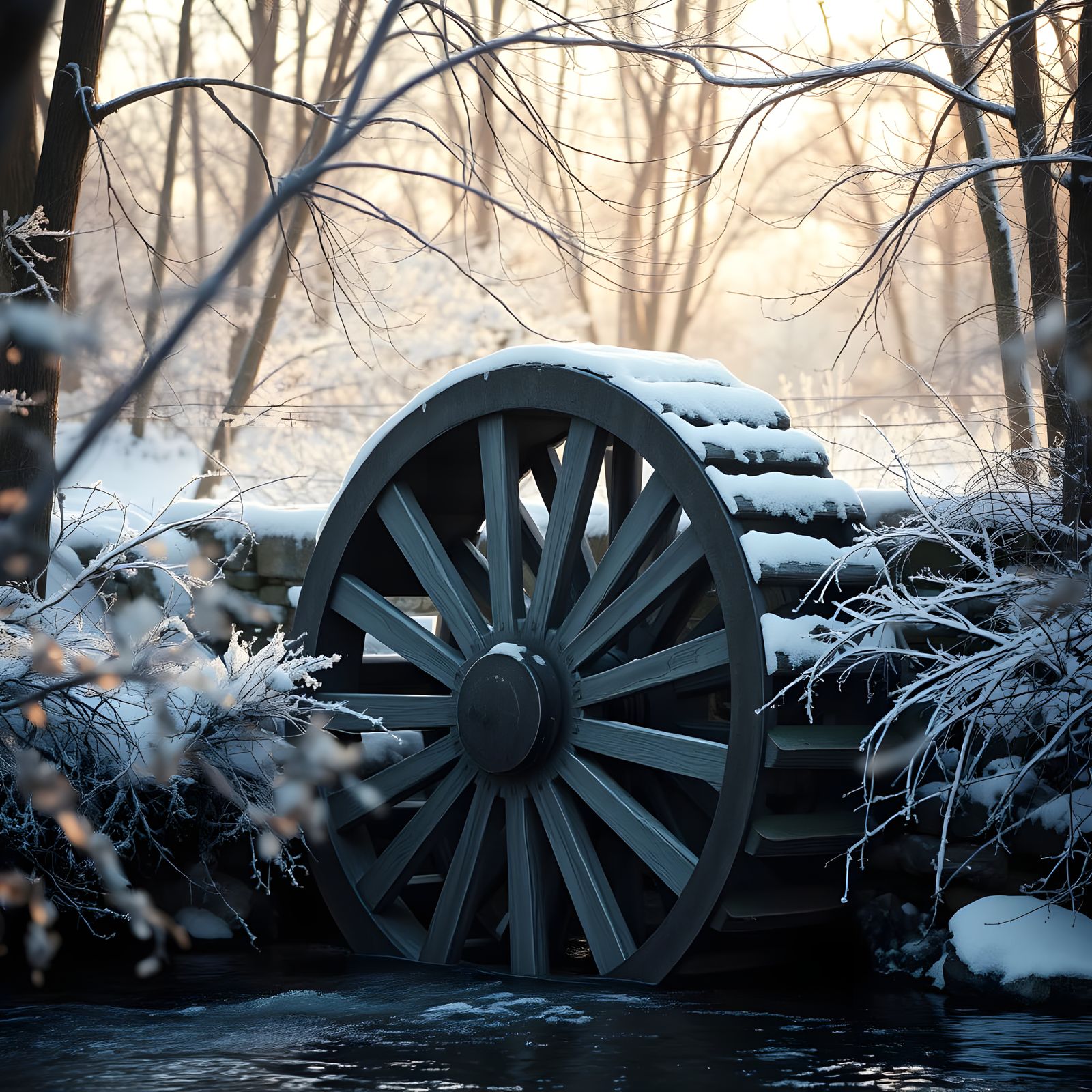 Serene Winter Waterwheel in Natural Light