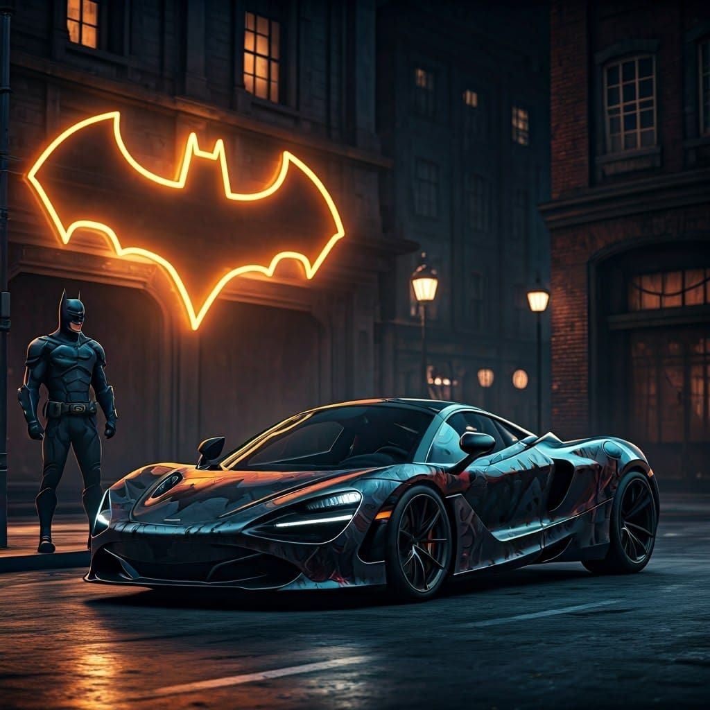 Bat-Themed McLaren 750 in Gotham, Neon Cyberpunk Art