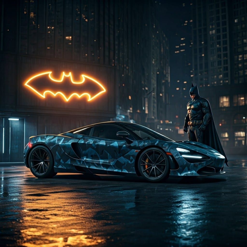 Batman-Themed McLaren 750 in Cyberpunk Cityscape