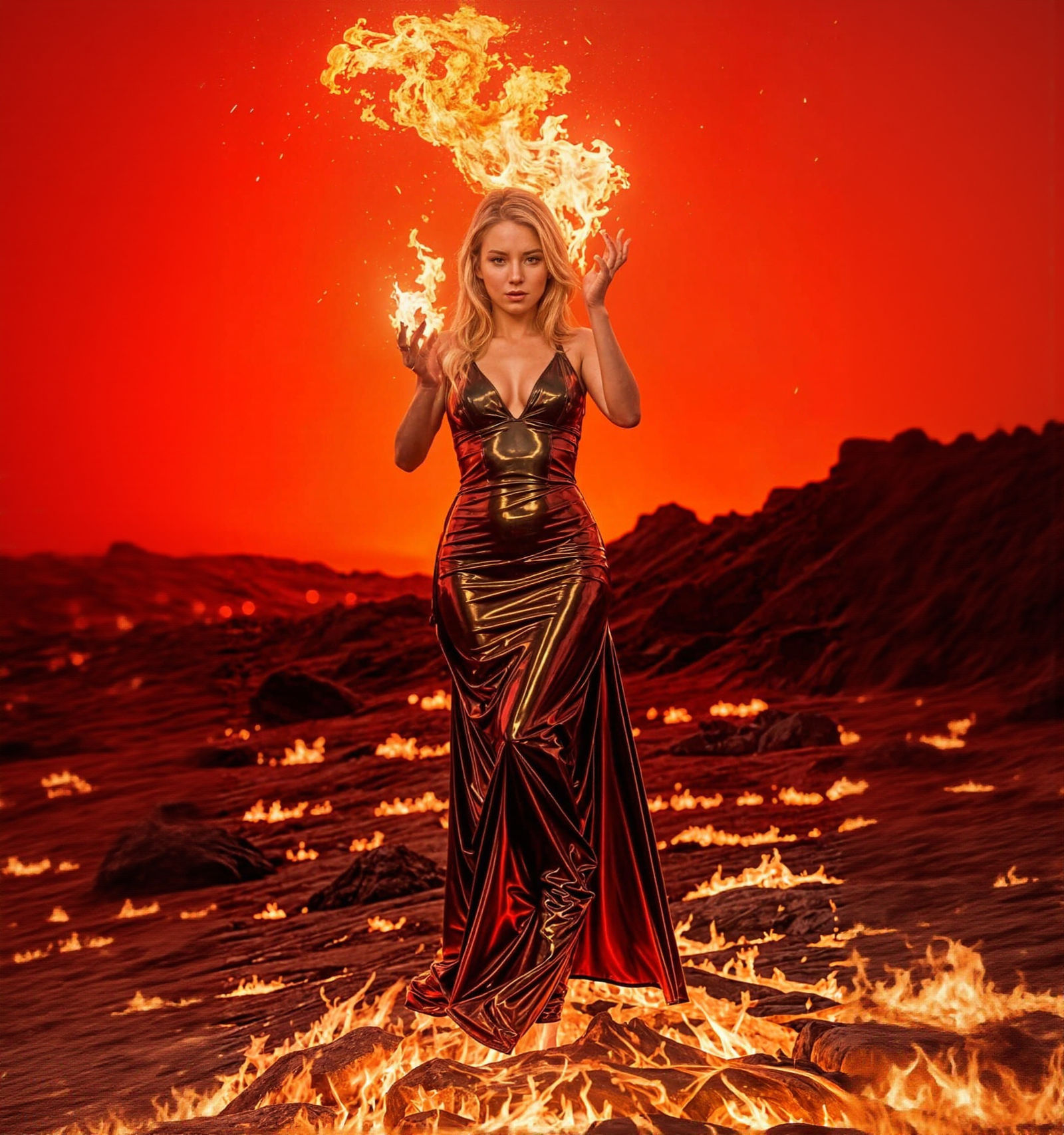 Fire Queen in Latex Dress on Lava