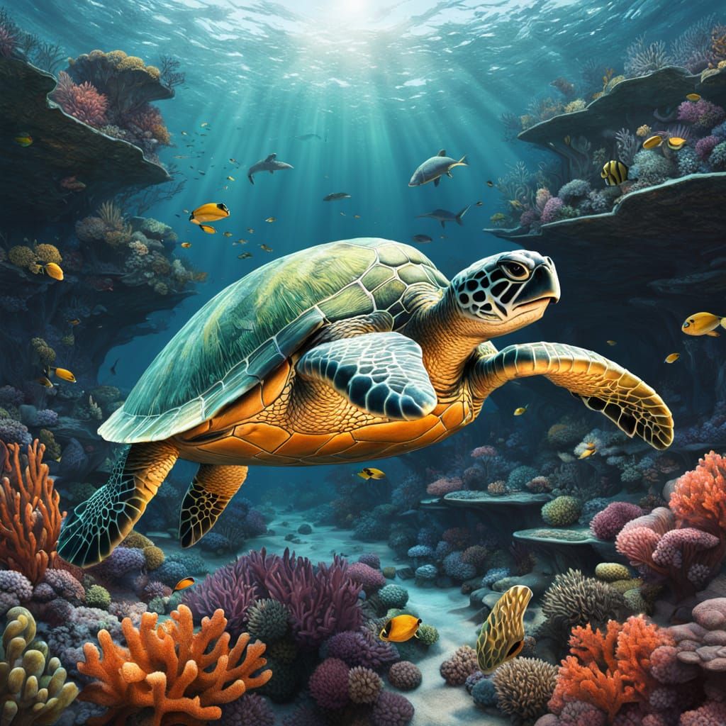 Hyperrealistic Coral Reef with Sea Turtle
