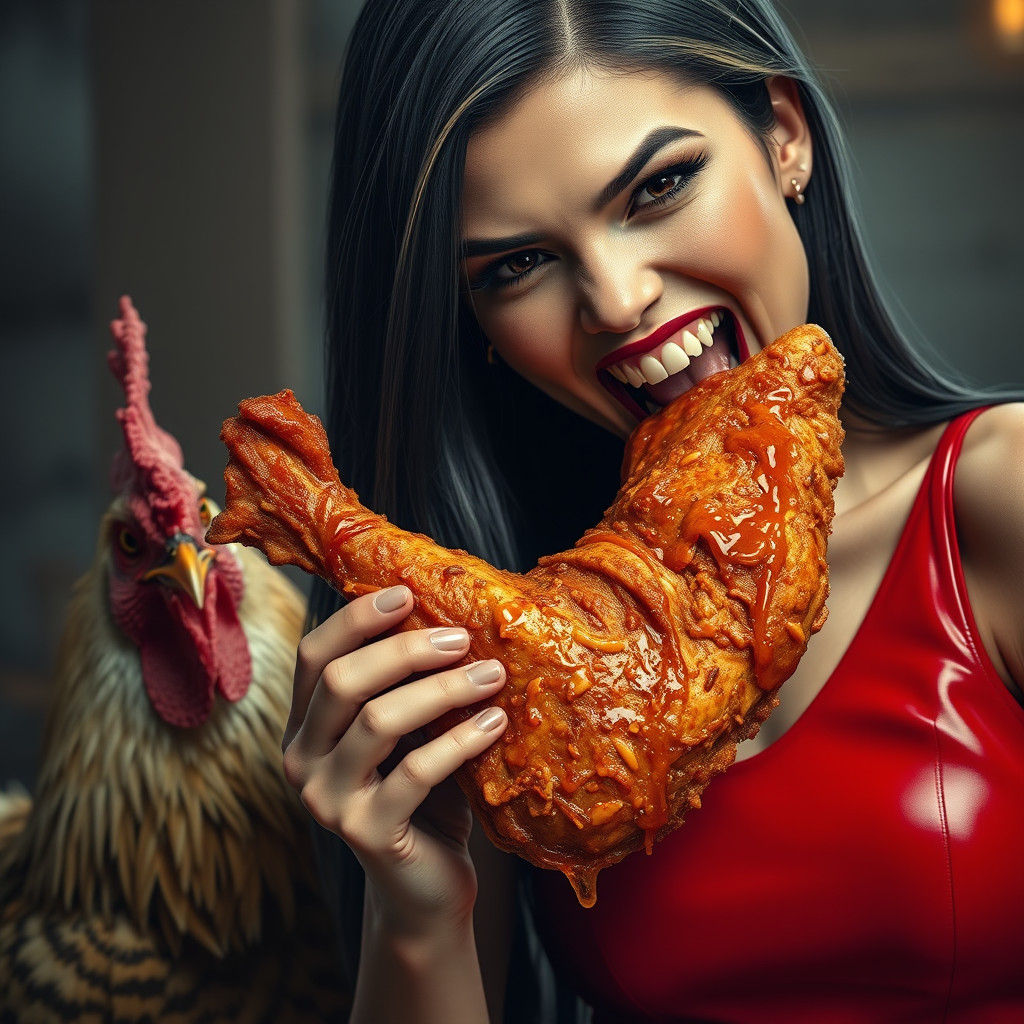 Woman Eats Chicken Leg in Fantasy Matte Painting