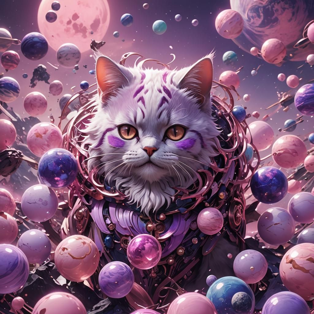Pink and Purple Cat Head Planet in Anime Style