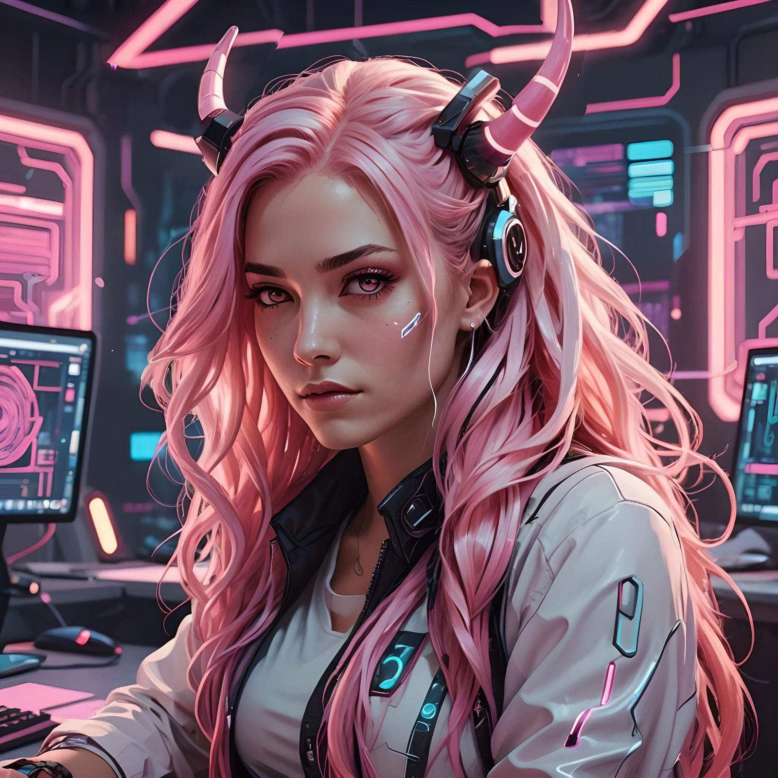 Zero Two Inspired Coder in Cyberpunk Style