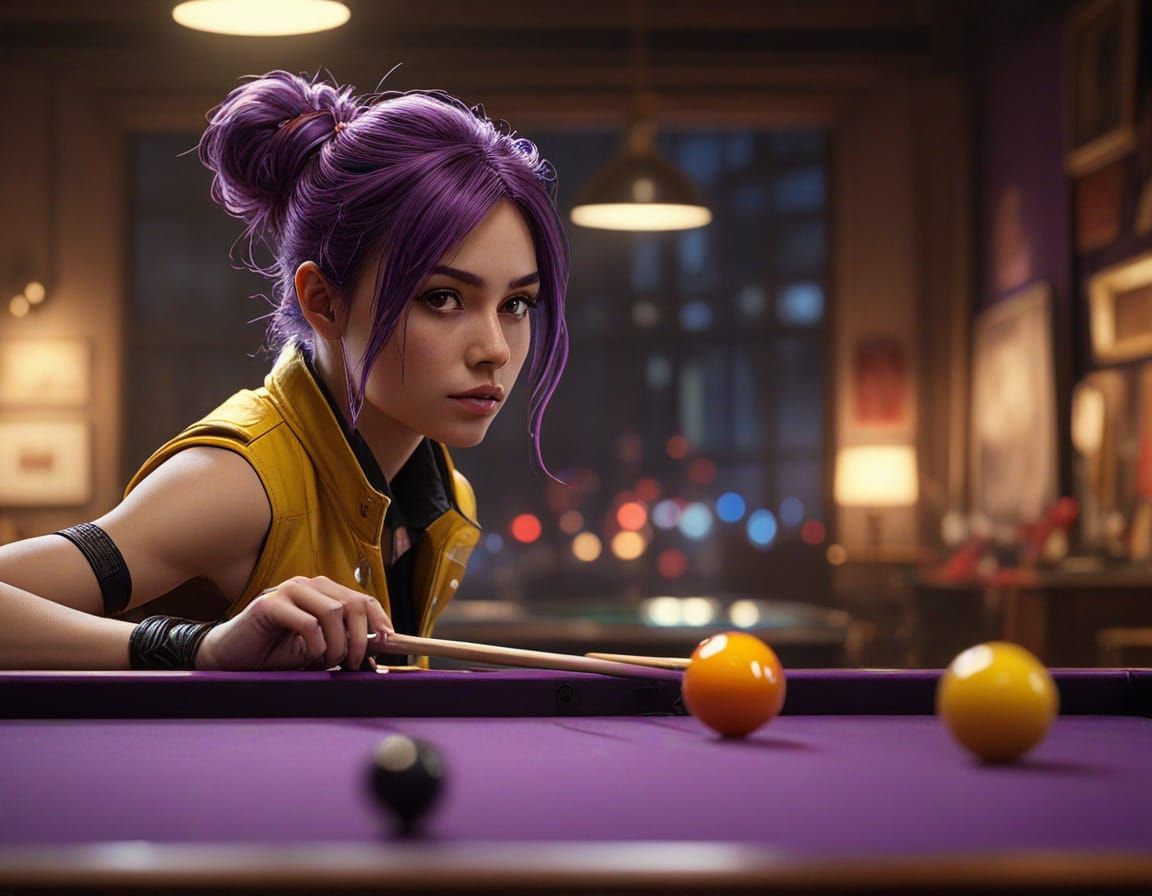 Robot girl play in snooker Epic cinematic brilliant stunning intricate meticulously detailed dramatic atmospheric maxima...