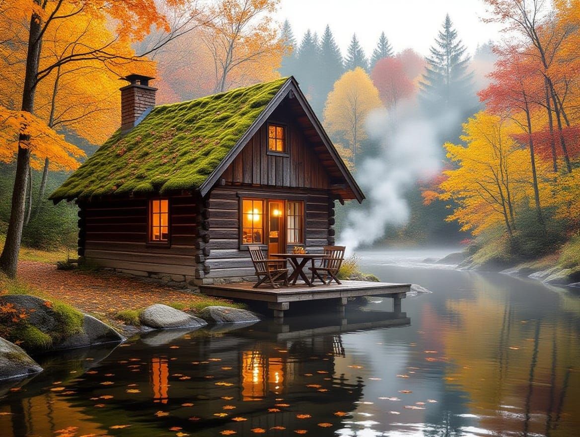 Rustic Wood Cabin Amidst Vibrant Autumn Foliage