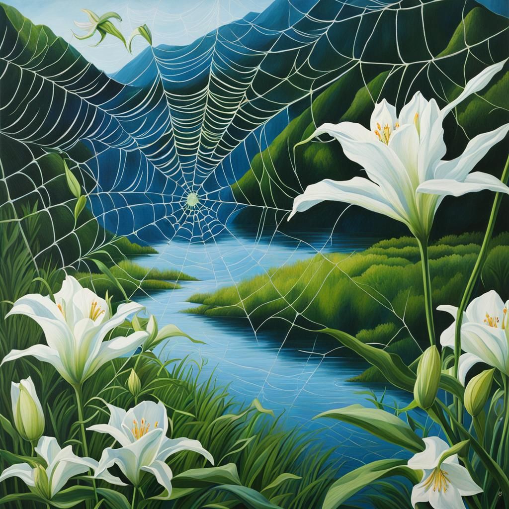 Spiderweb Texture Landscape with Blossoms and River