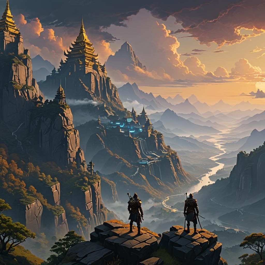 Heroic Warrior Overlooks Mountain Temples in Digital Paintin...