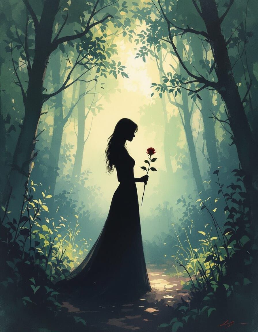 Businesswoman with Rose in Ancient Forest Painting