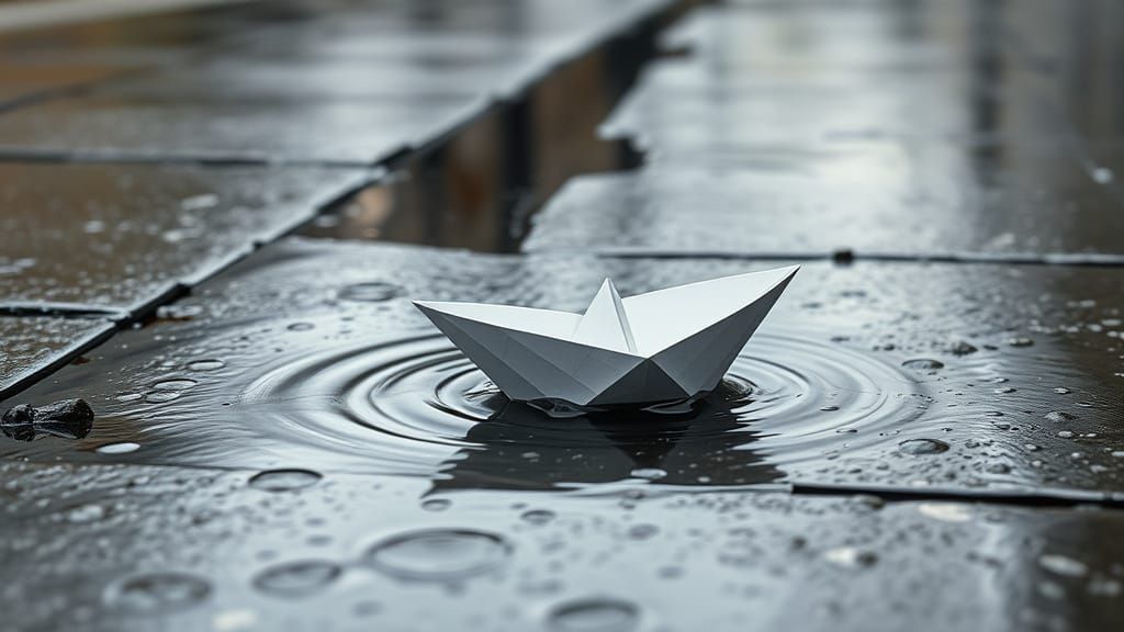 Fragile Paper Boat Swept Away by Rainwater