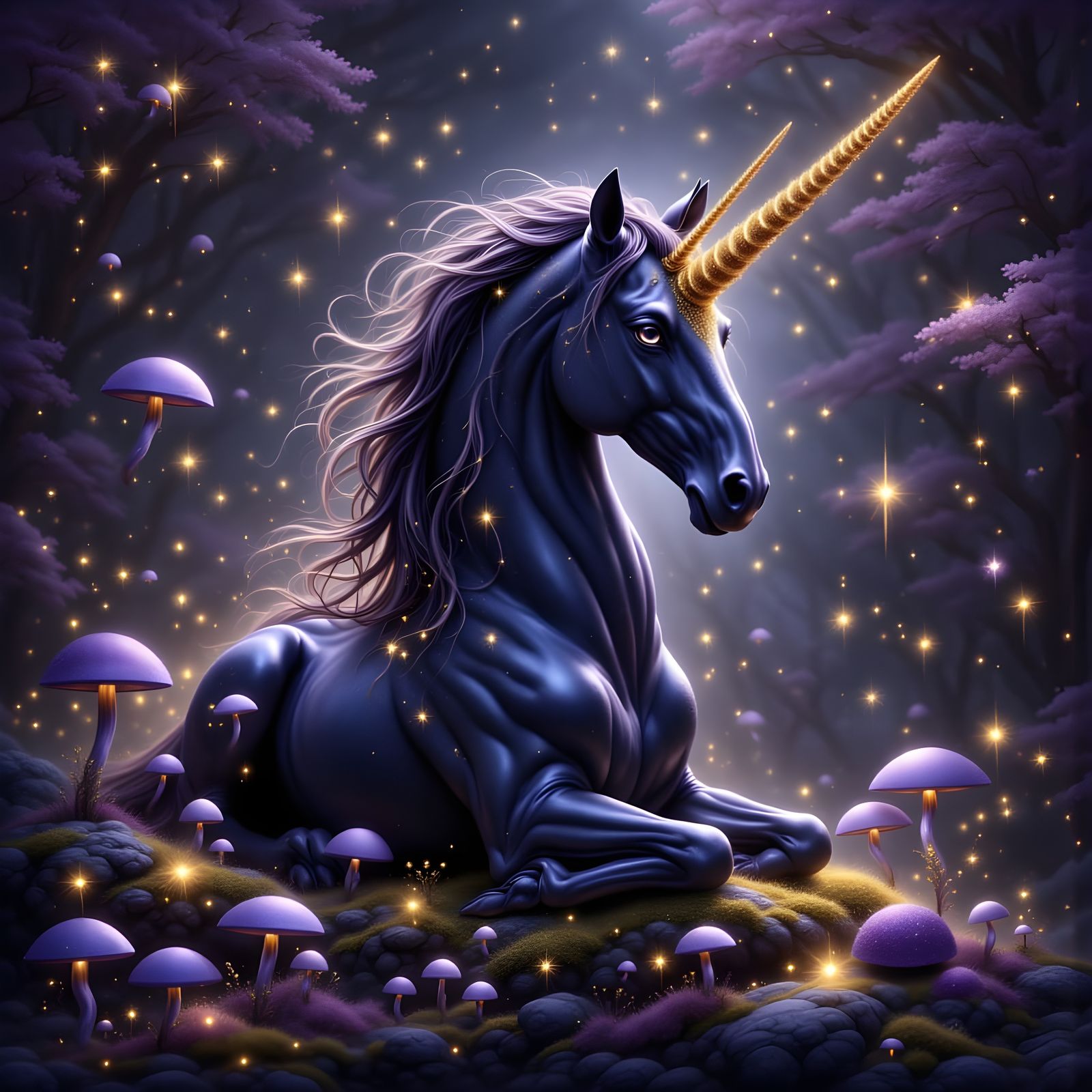 Enchanting Black Gold Unicorn in Bioluminescent Forest