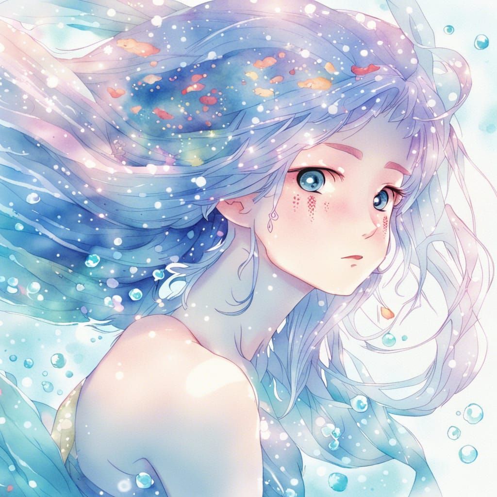 Anime Mermaid in Watercolor Illustration Style