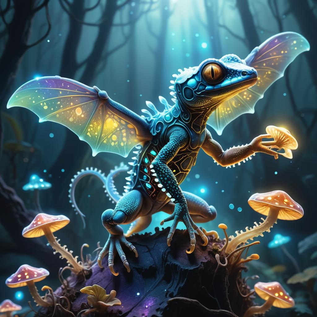 Flying Gecko Alien on Bioluminescent Mushroom