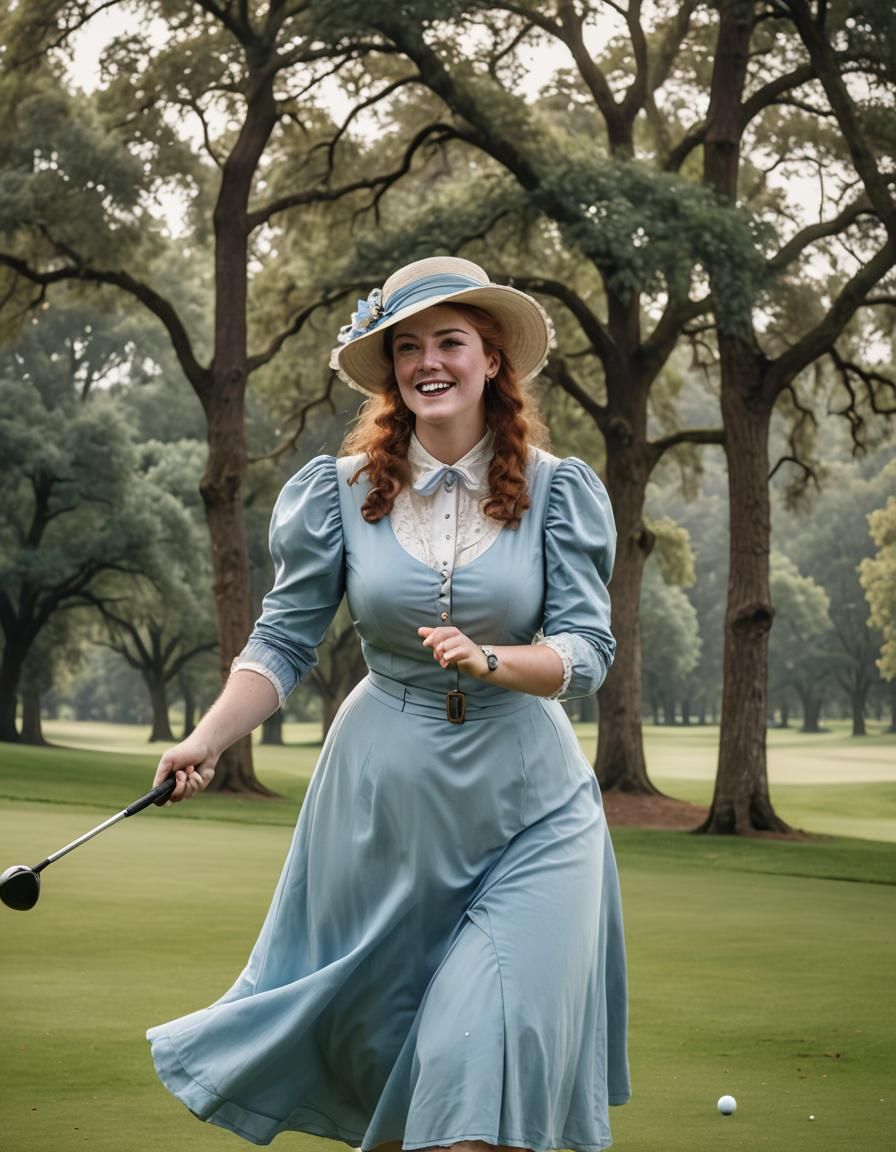Victorian Woman Playing Golf in Blue Dress