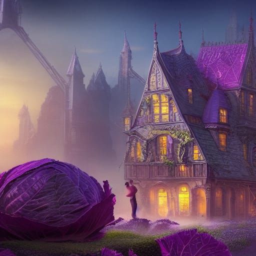 Cabbage House with Tiny People: Fantasy Art