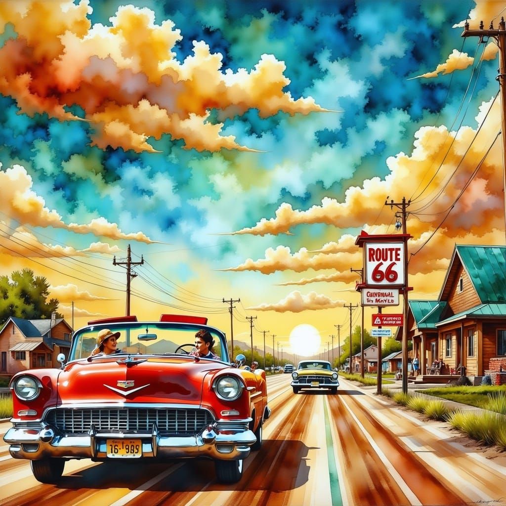 Route 66 Nostalgia in Watercolor Style