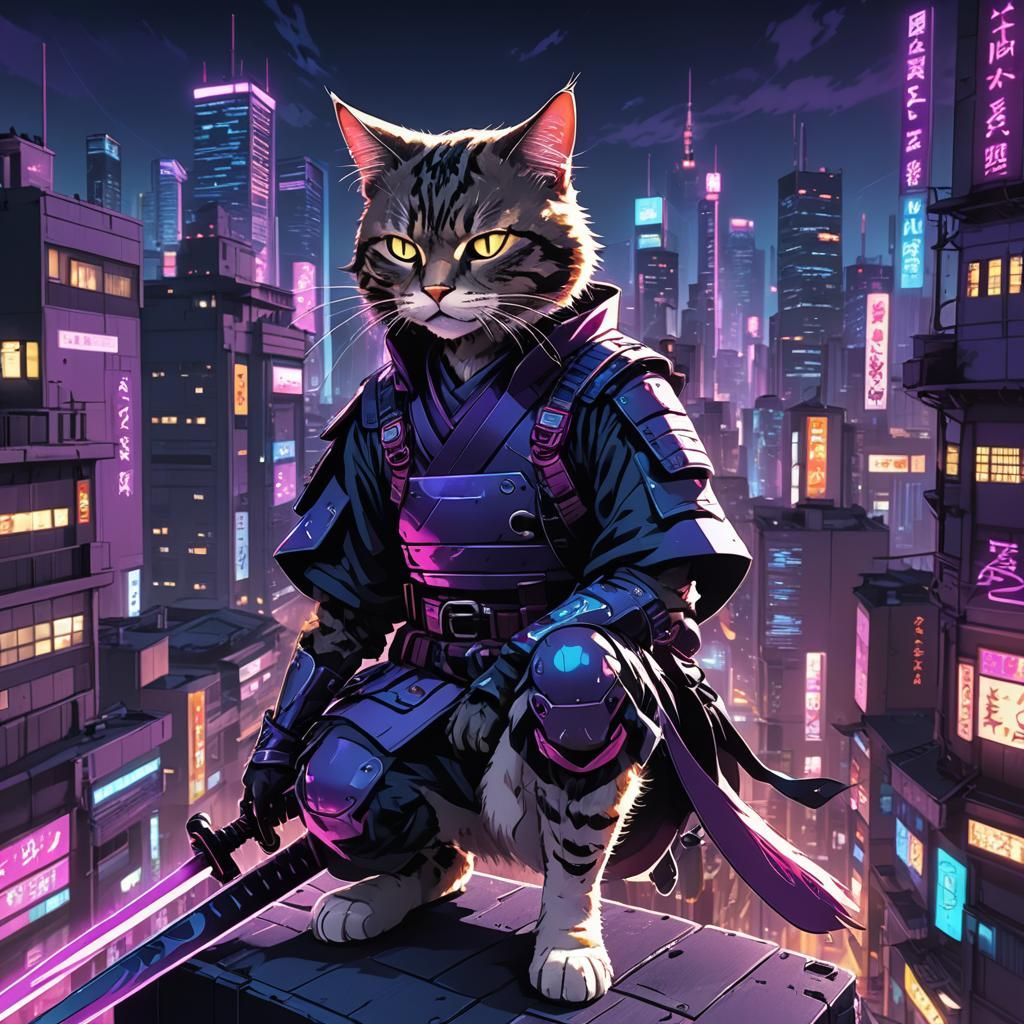 Cyberpunk Anime Cat Samurai in Neon Cityscape