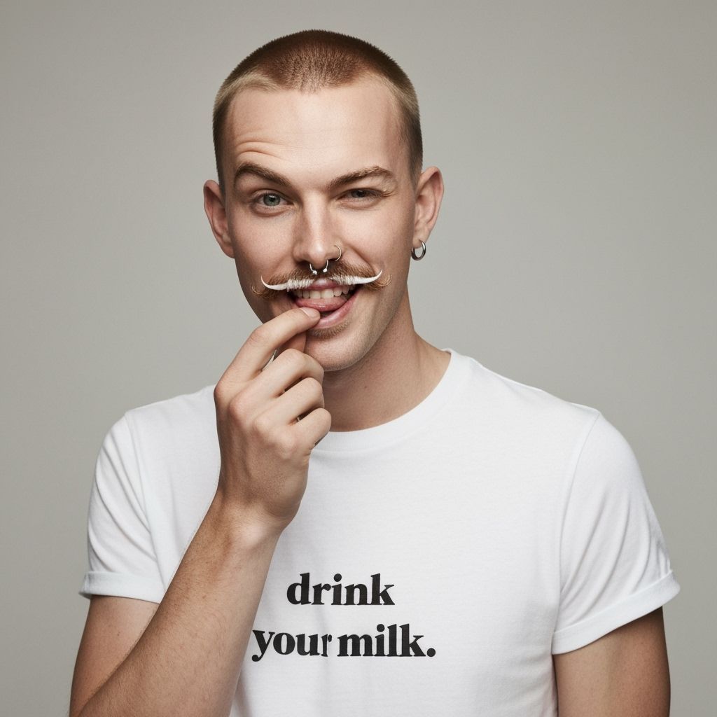 Young Man with Milk Mustache in Playful Ad Campaign