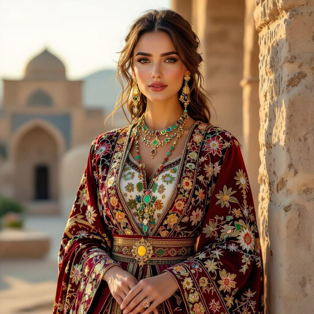 Woman in Rich Seljuk Costume Amidst Ancient Anatolian Archit...