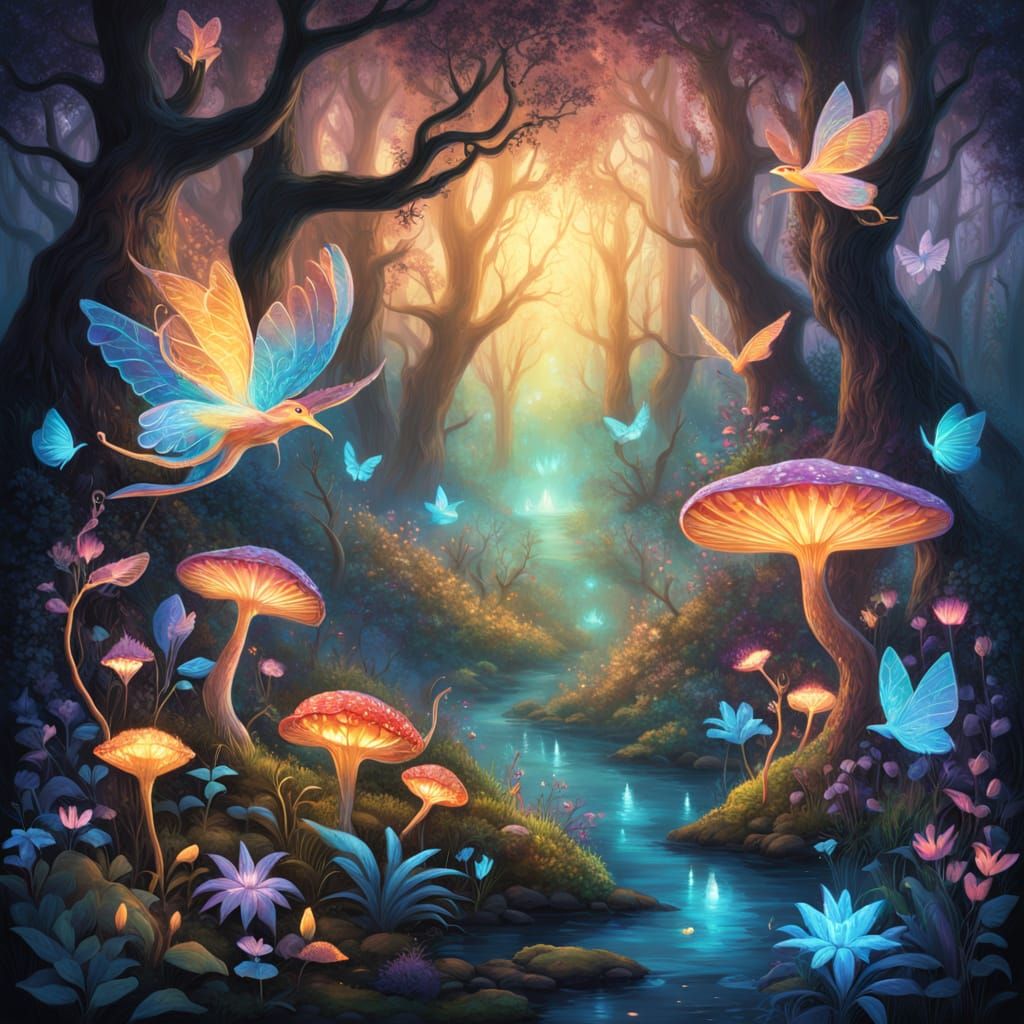 Whimsical Forest with Glowing Flora and Fauna