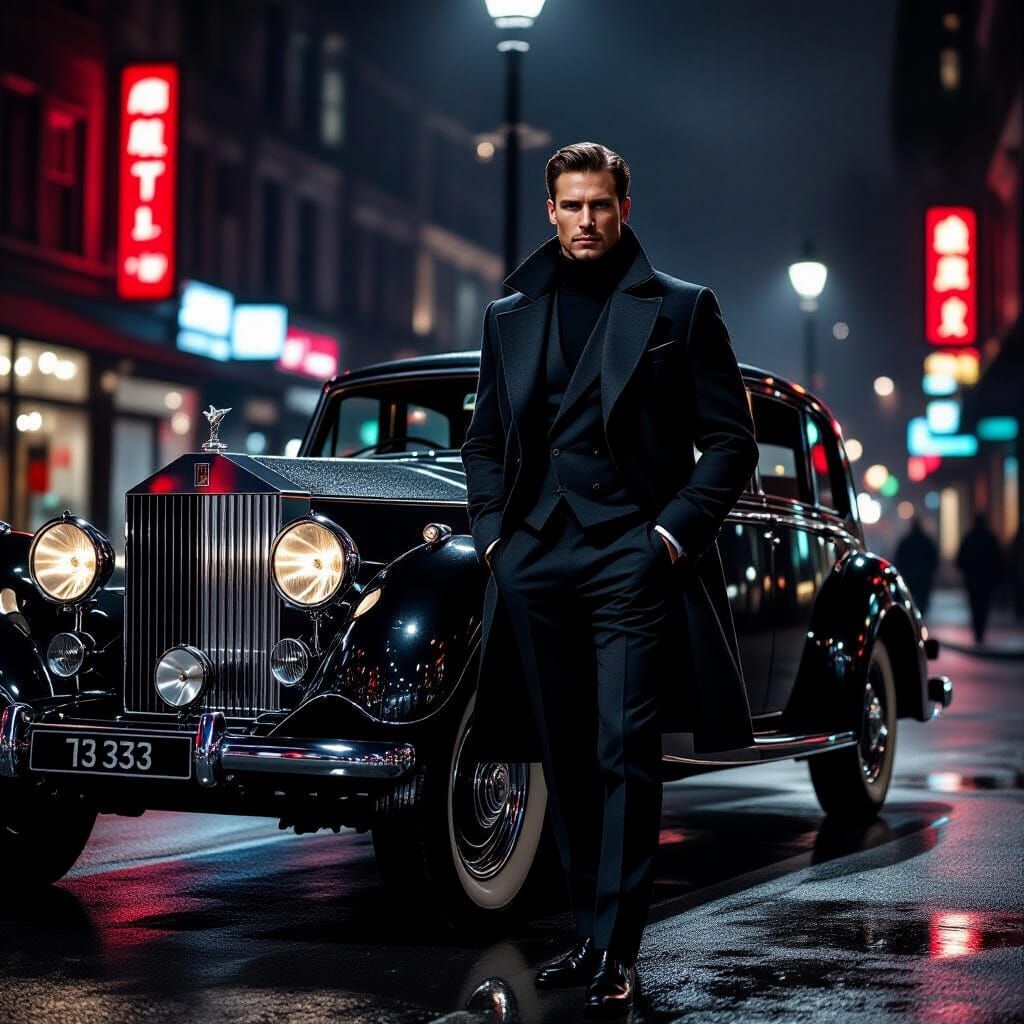 Noir Fashion: Male Model with Vintage Rolls-Royce