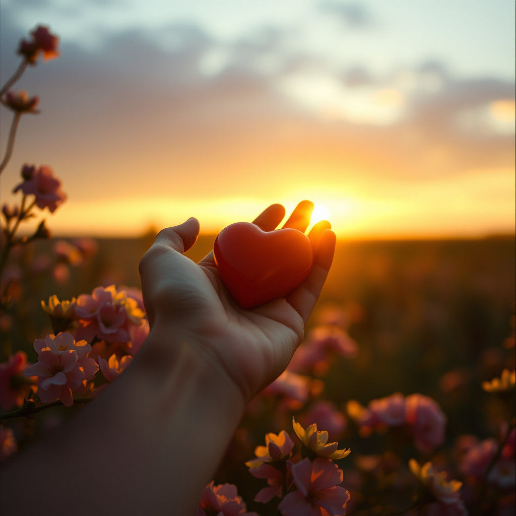 Hand Holding Heart at Sunrise, Cinematic Film Still