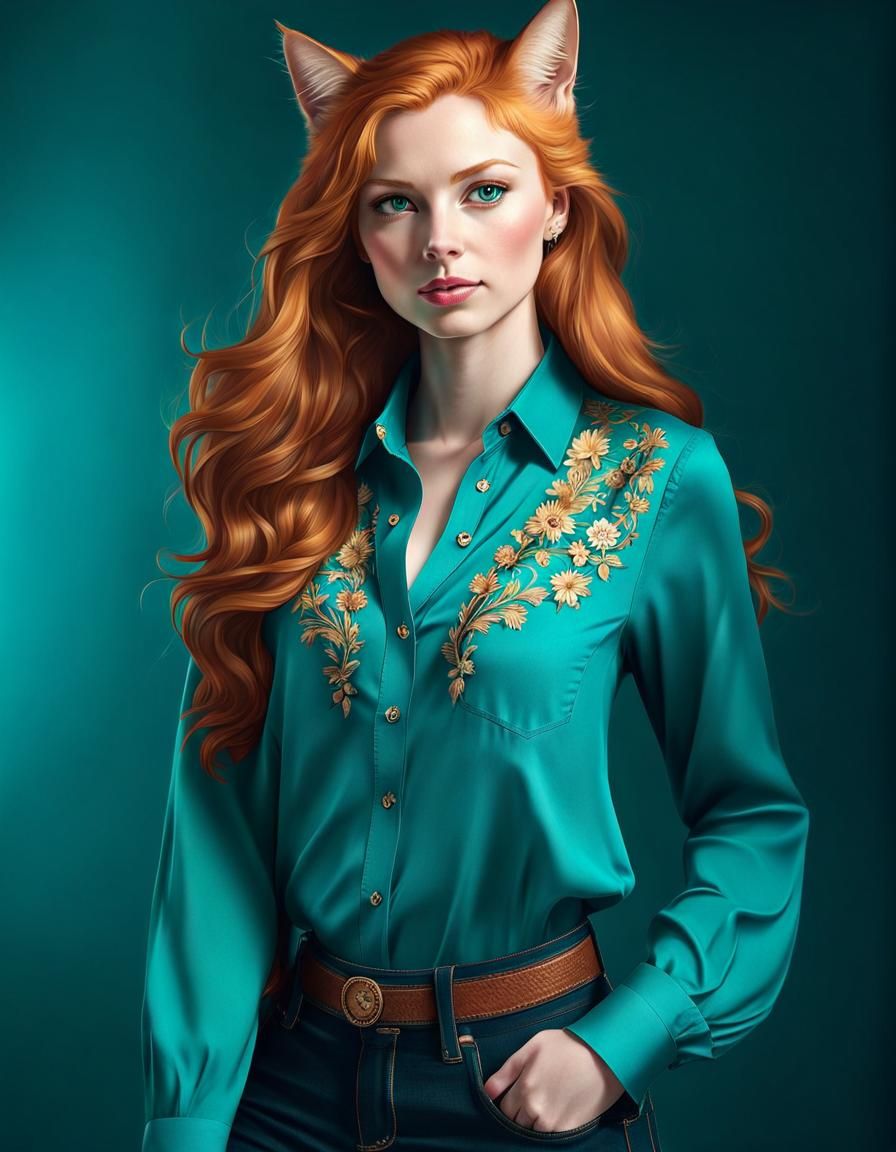 Ginger Catgirl Portrait in Blue Jeans and Teal Blouse