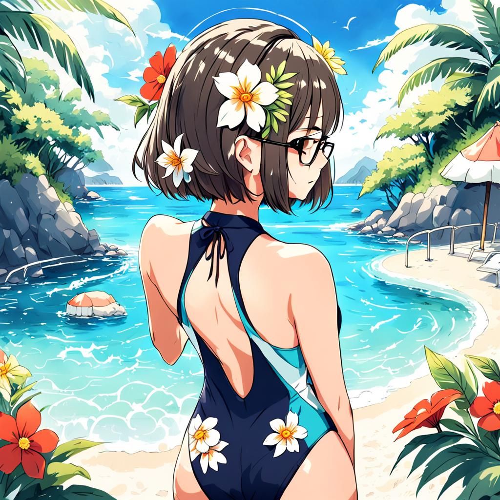 Hand-Drawn Anime Style Woman in Swimsuit