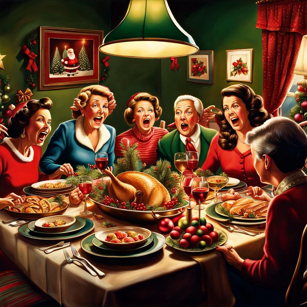 Hilarious Christmas Dinner Mayhem in Hyperrealistic Art