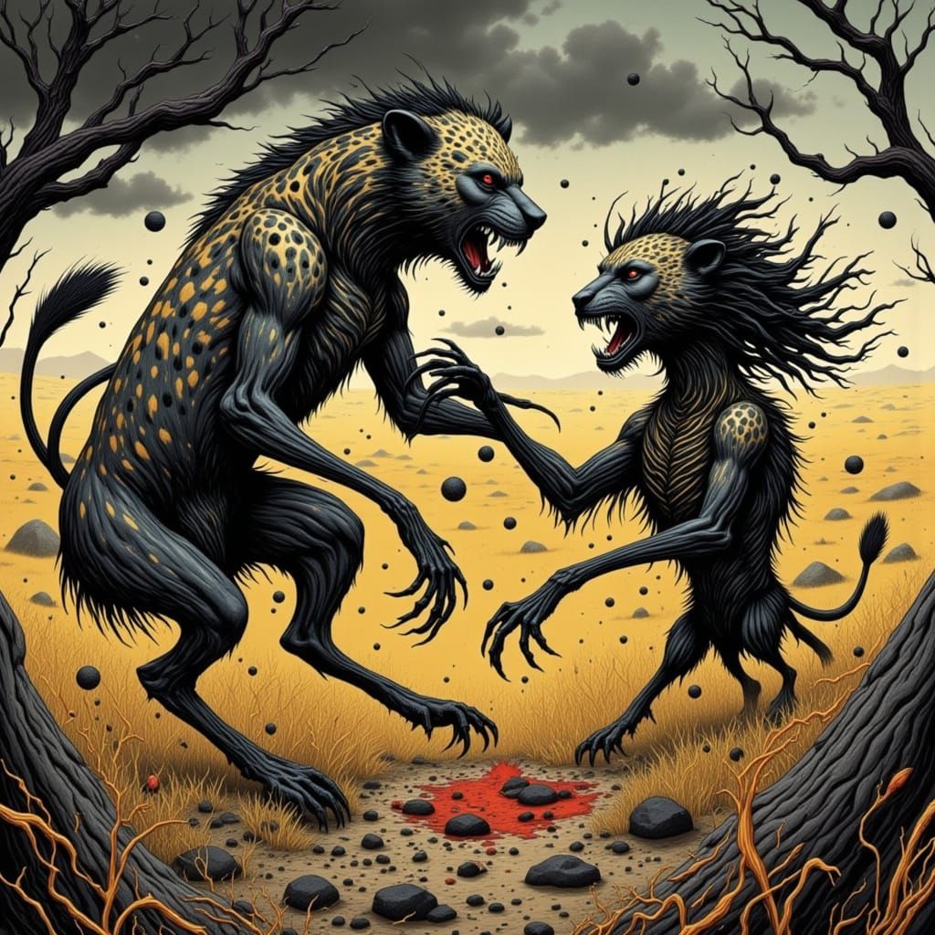 Surreal Savannah Showdown: Hyena vs Lion in Twisted Ink Styl...